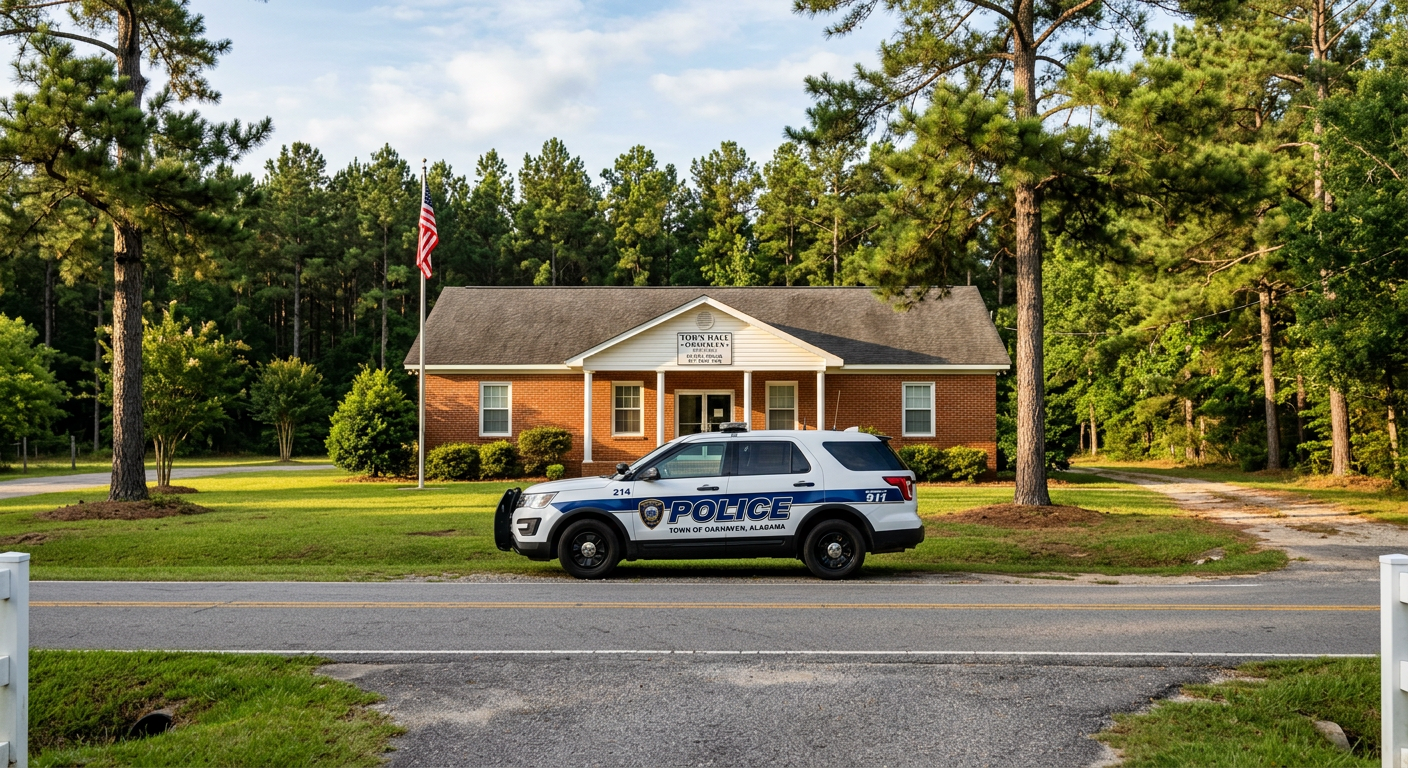 Emelle police patrol car parked outside a brick town building